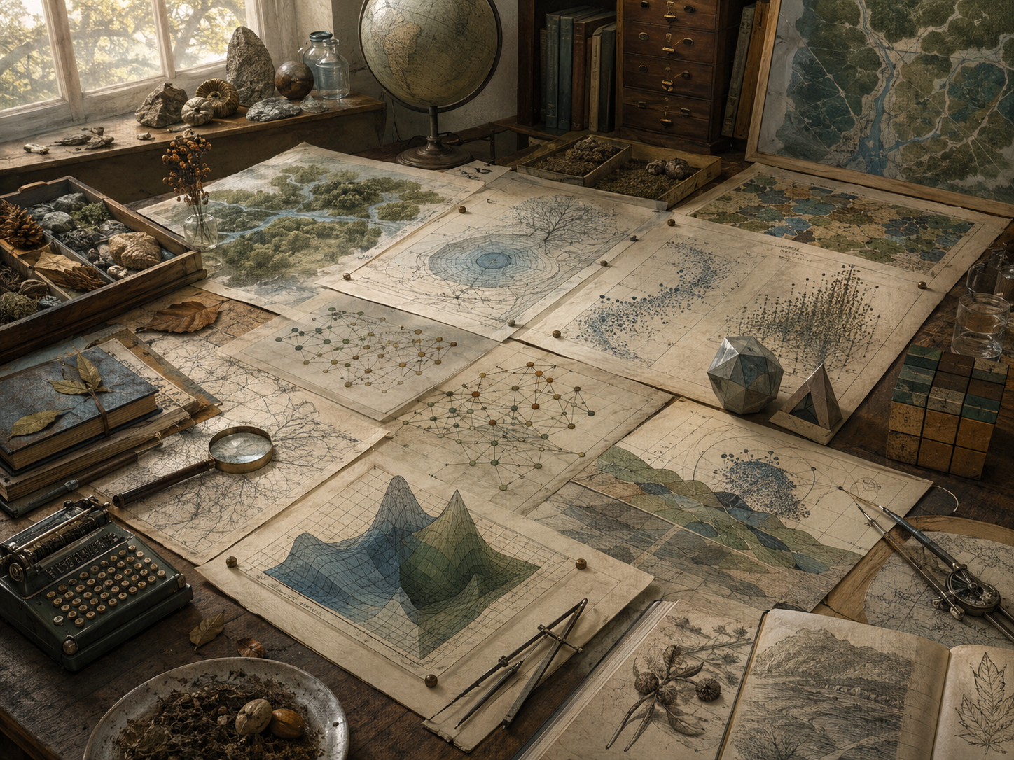 Editorial illustration of an ecological modeling workspace with landscape maps, watershed diagrams, species networks, population patterns, sustainability surfaces, and field specimens.