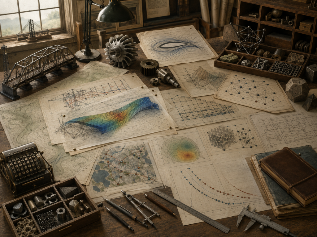 Editorial illustration of an engineering workspace with bridge models, turbine components, structural diagrams, finite-element surfaces, network maps, drafting tools, and mechanical parts.