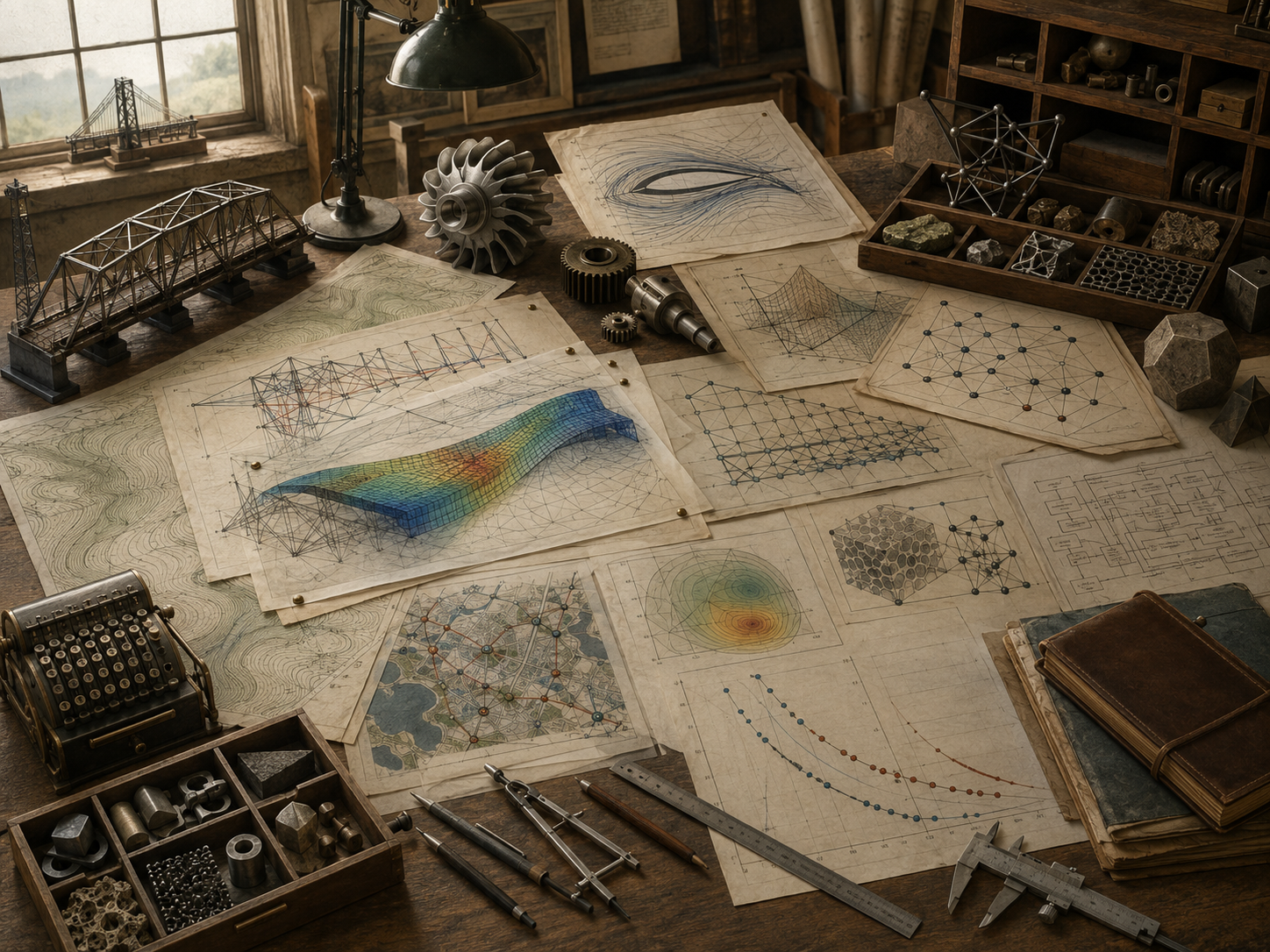 Editorial illustration of an engineering workspace with bridge models, turbine components, structural diagrams, finite-element surfaces, network maps, drafting tools, and mechanical parts.
