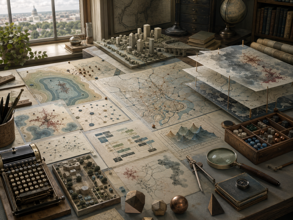 Editorial illustration of a scholarly policy modeling workspace with city models, public system maps, network diagrams, scenario overlays, uncertainty patterns, and planning tools.