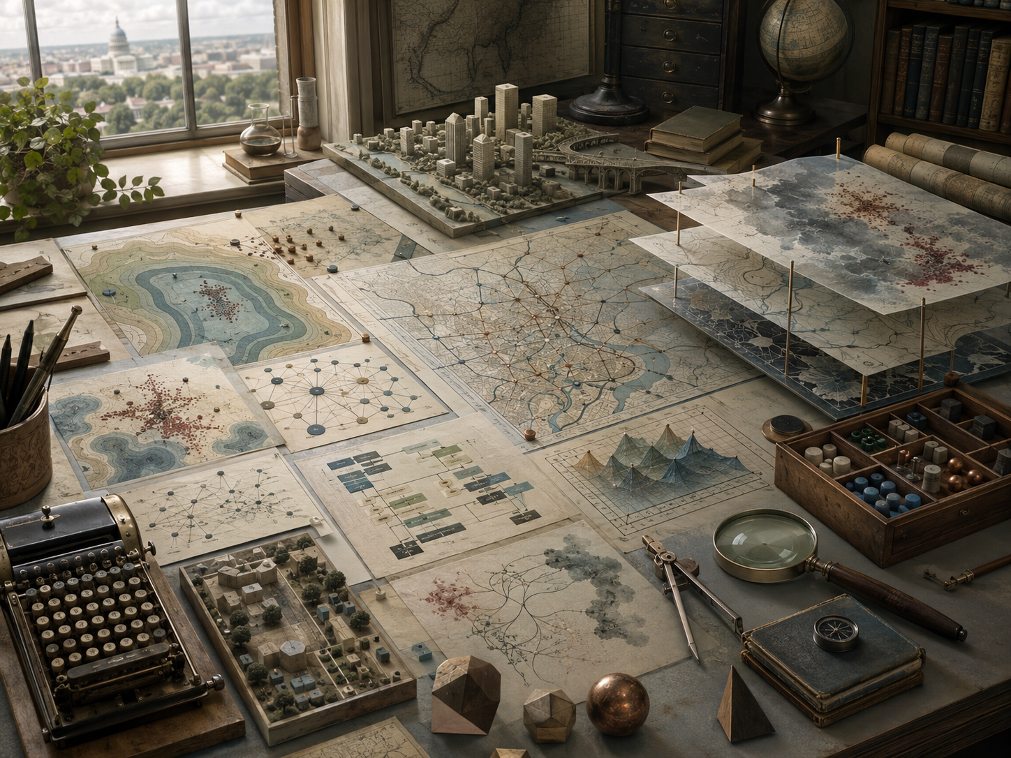 Editorial illustration of a scholarly policy modeling workspace with city models, public system maps, network diagrams, scenario overlays, uncertainty patterns, and planning tools.