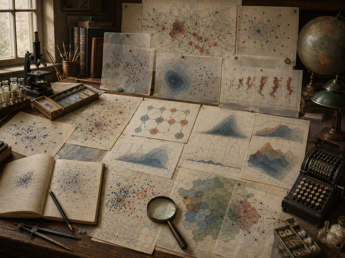 Editorial illustration of a public health modeling workspace with epidemic maps, transmission networks, outbreak clusters, compartment diagrams, time-series patterns, and epidemiological research tools.