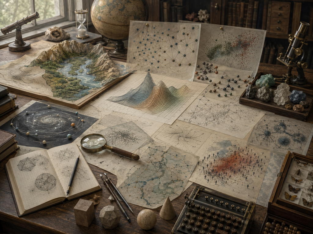Editorial illustration of a scholarly science workspace with terrain models, molecular forms, orbital diagrams, population patterns, network maps, surface plots, and modeling tools.