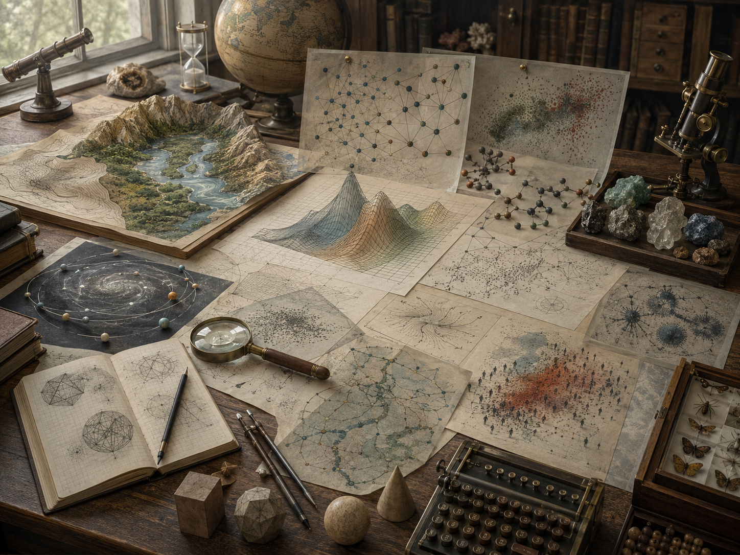 Editorial illustration of a scholarly science workspace with terrain models, molecular forms, orbital diagrams, population patterns, network maps, surface plots, and modeling tools.