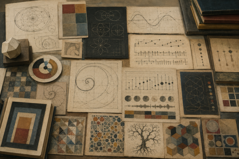 Scholarly archival studio table with geometric studies, spirals, tessellations, rhythm grids, waveform diagrams, abstract musical structures, color blocks, proportional layouts, and branching patterns representing mathematics, art, music, and pattern.