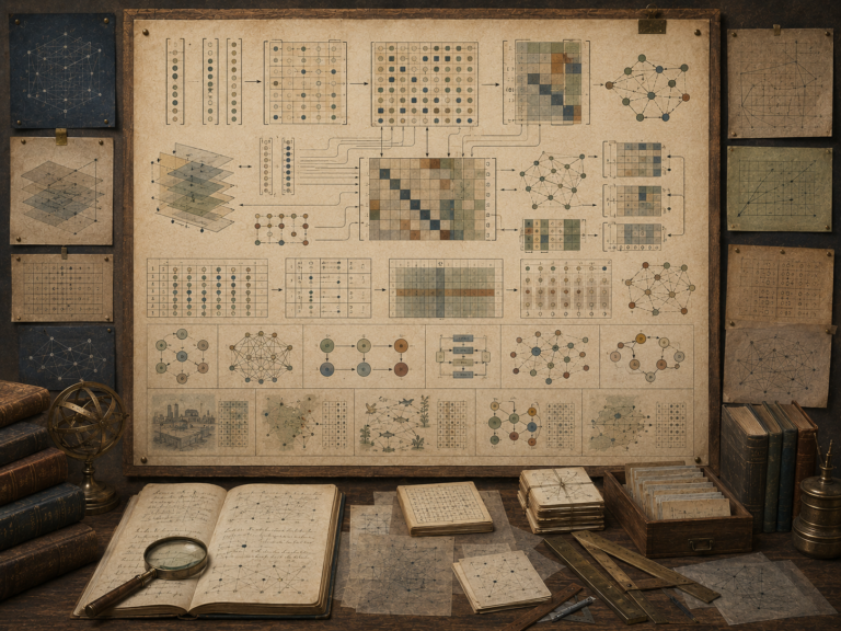 Vintage analytical workspace with matrix grids, block matrices, linked variables, network diagrams, system-flow panels, notebooks, and drafting tools.