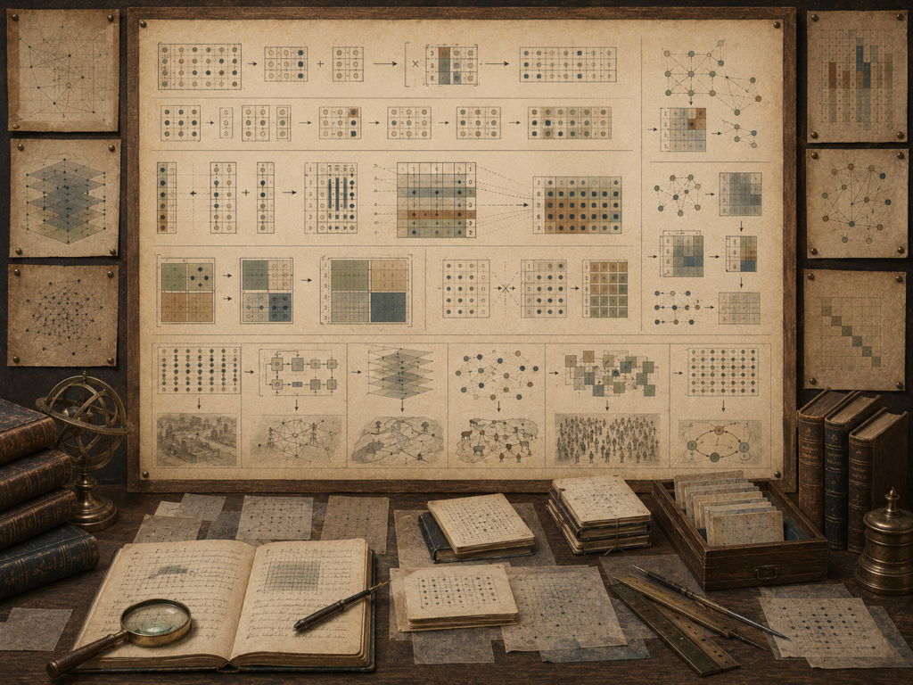 Vintage mathematical workspace with matrix grids, row and column combinations, block matrix diagrams, arrows, network updates, and systems-modeling panels.