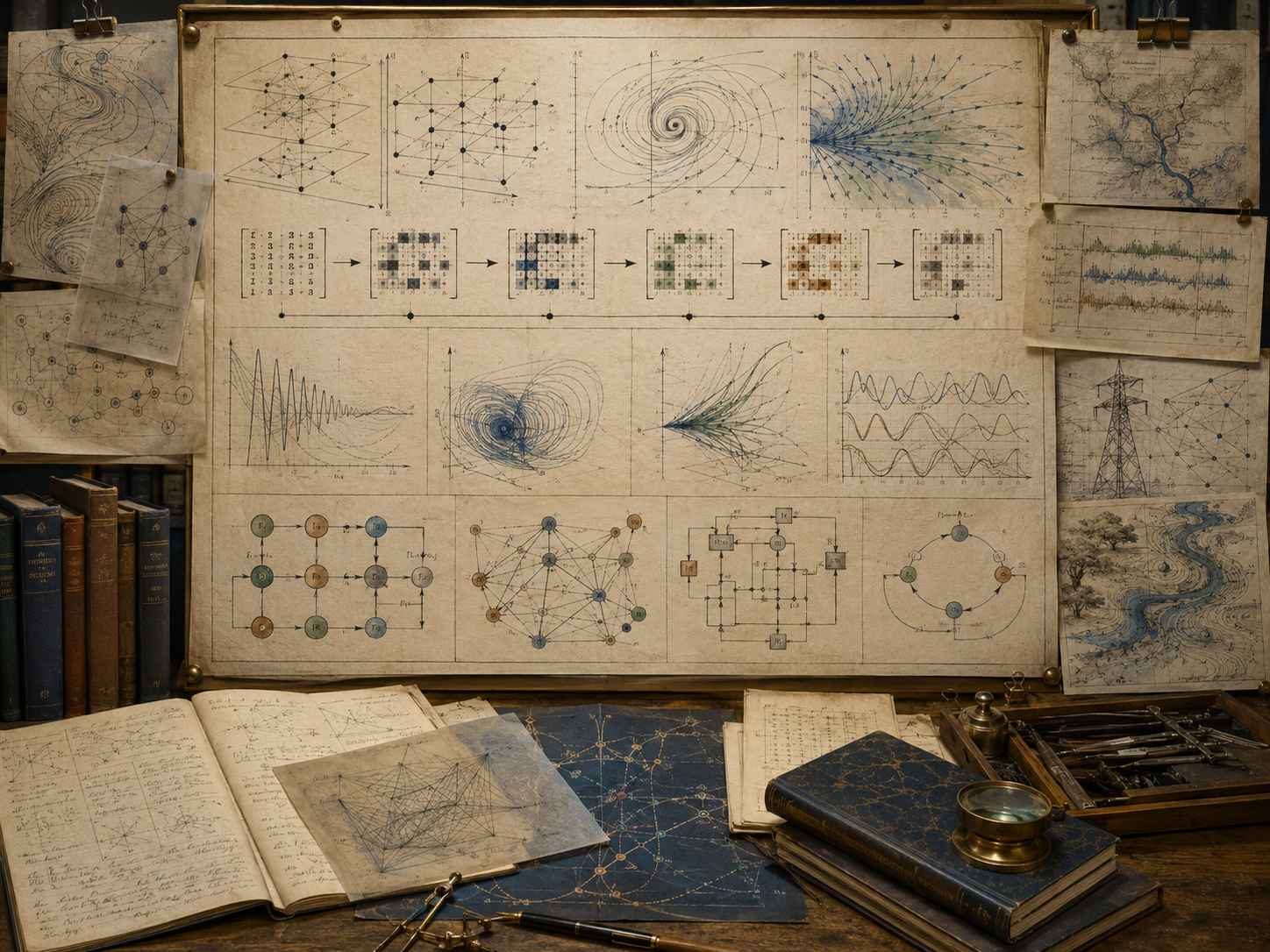 Vintage mathematics workspace with matrix evolution diagrams, vector fields, phase portraits, oscillations, network dynamics, books, and drafting tools.