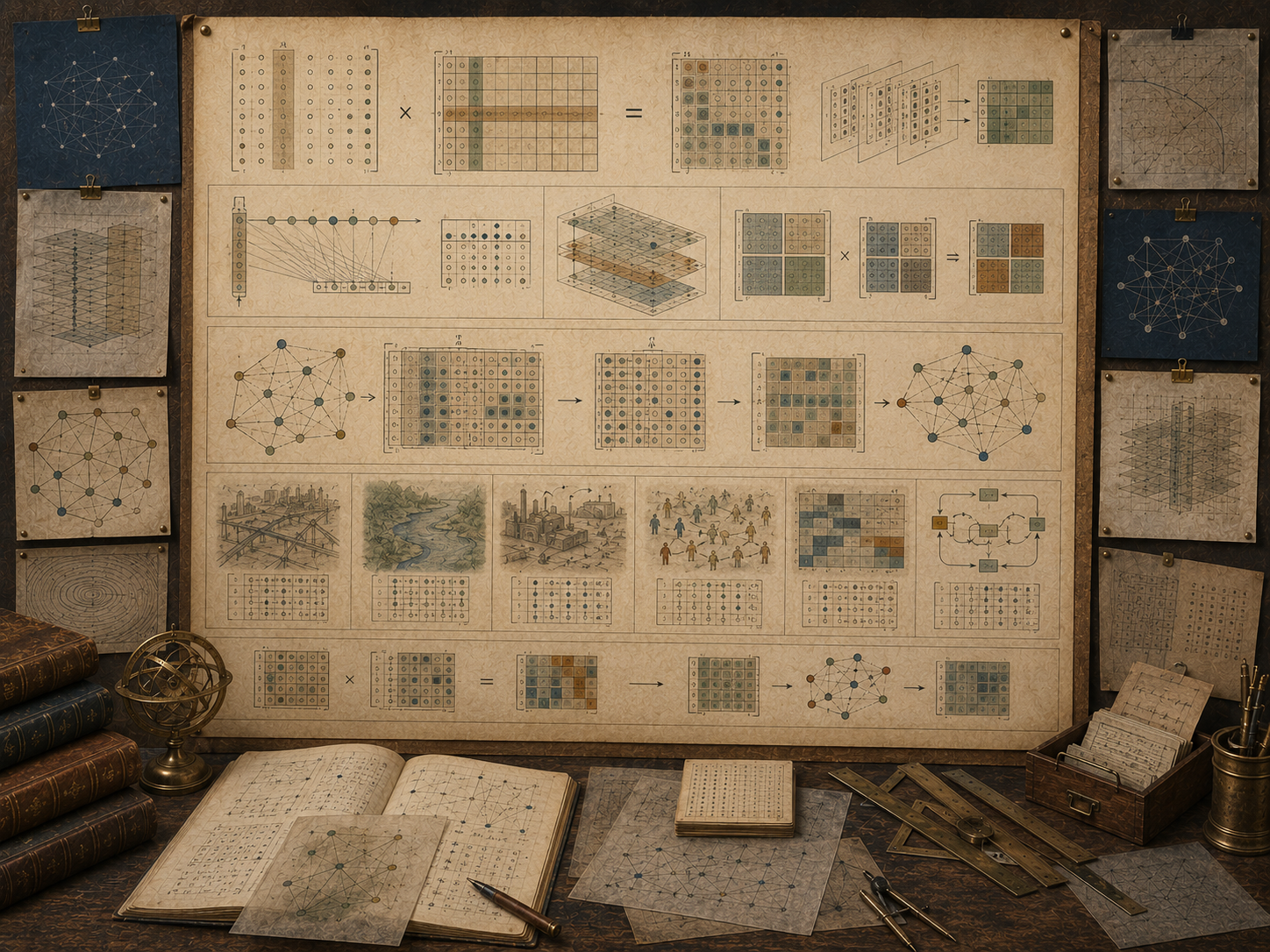 Vintage systems-modeling workspace with matrix multiplication diagrams, row-column interactions, product matrices, network propagation, application panels, books, and drafting tools.