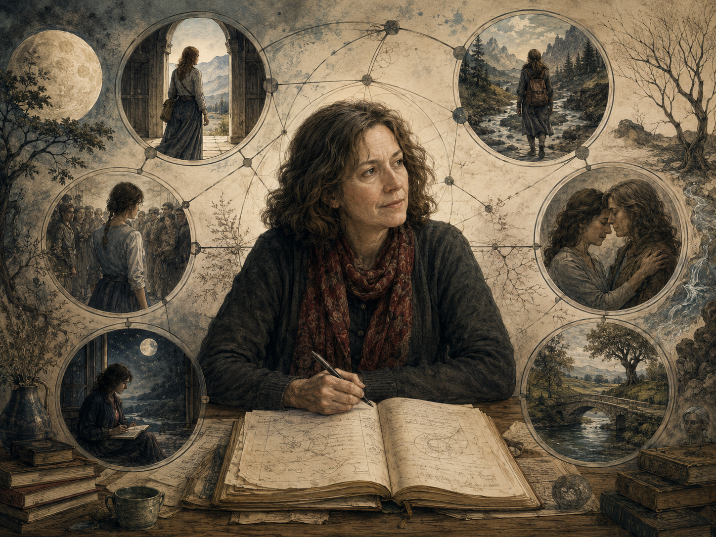 Editorial illustration of a reflective woman scholar writing in an open manuscript, surrounded by symbolic scenes of threshold crossing, separation, struggle, healing, and return.