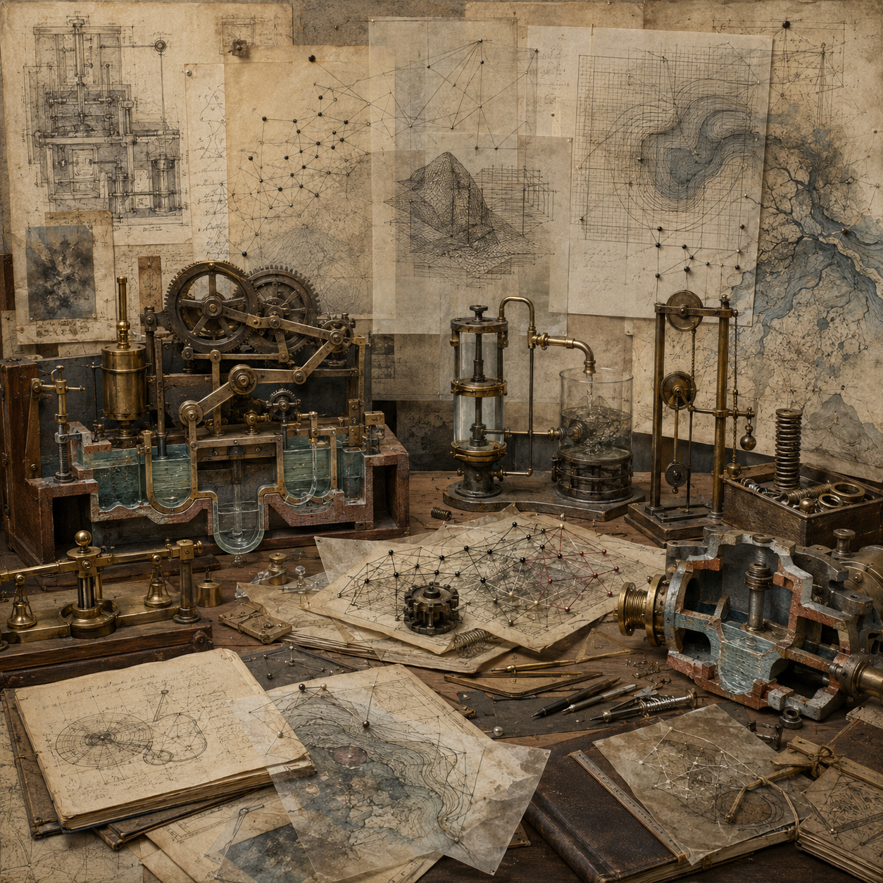 Archival engineering workspace with gears, fluid apparatuses, network diagrams, layered model sketches, natural-system maps, notebooks, and drafting tools representing mechanistic explanation and the limits of formal models without labels or text.