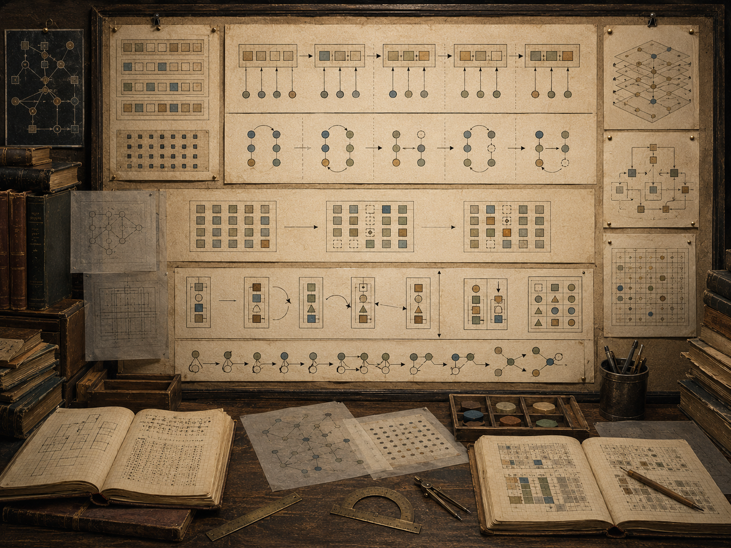 A restrained scholarly illustration of a vintage research workspace with state diagrams, memory-like grids, changing values, arrows, notebooks, archival papers, and drafting tools representing memory, state, and mutation in computation without readable text.
