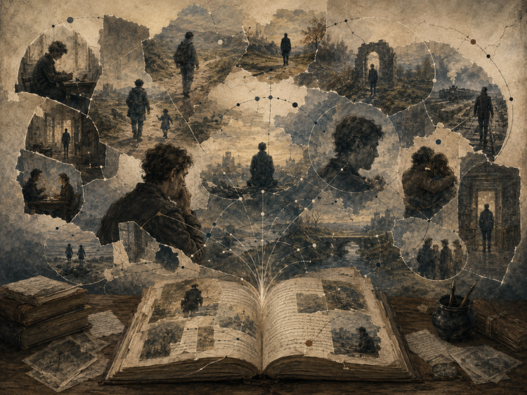 Editorial illustration of an open manuscript releasing fragmented scenes of memory, isolation, loss, rupture, and partial reconnection.
