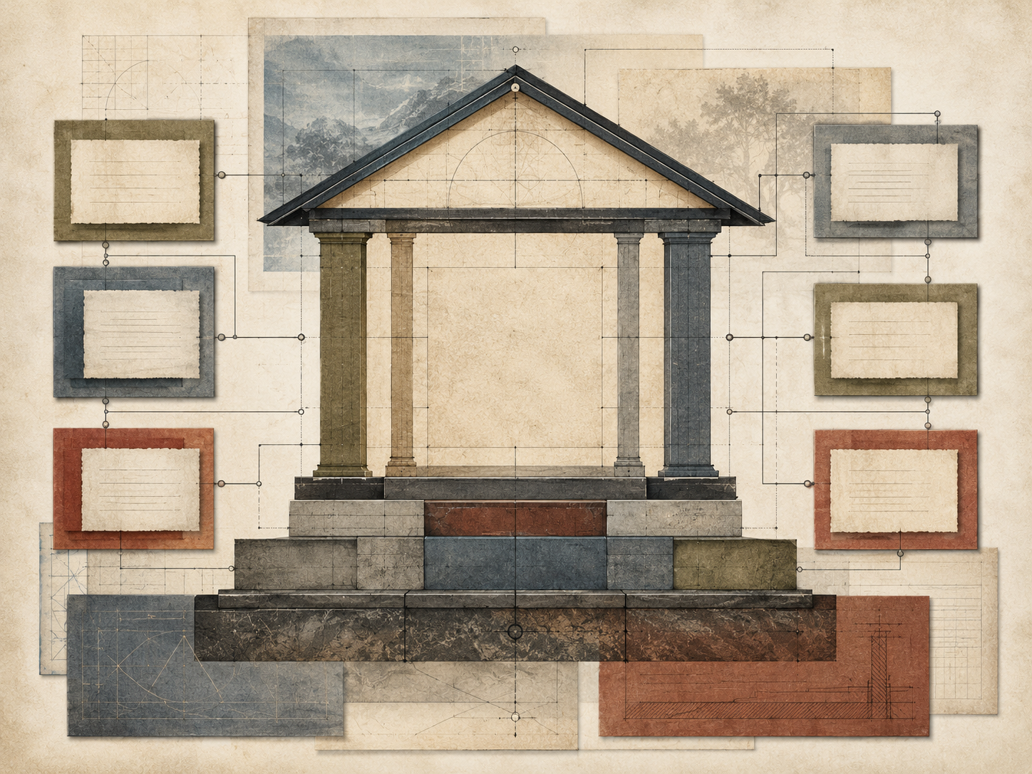 Abstract institutional illustration of a message house structure with columns, layered foundation blocks, surrounding content cards, and connective framework lines.