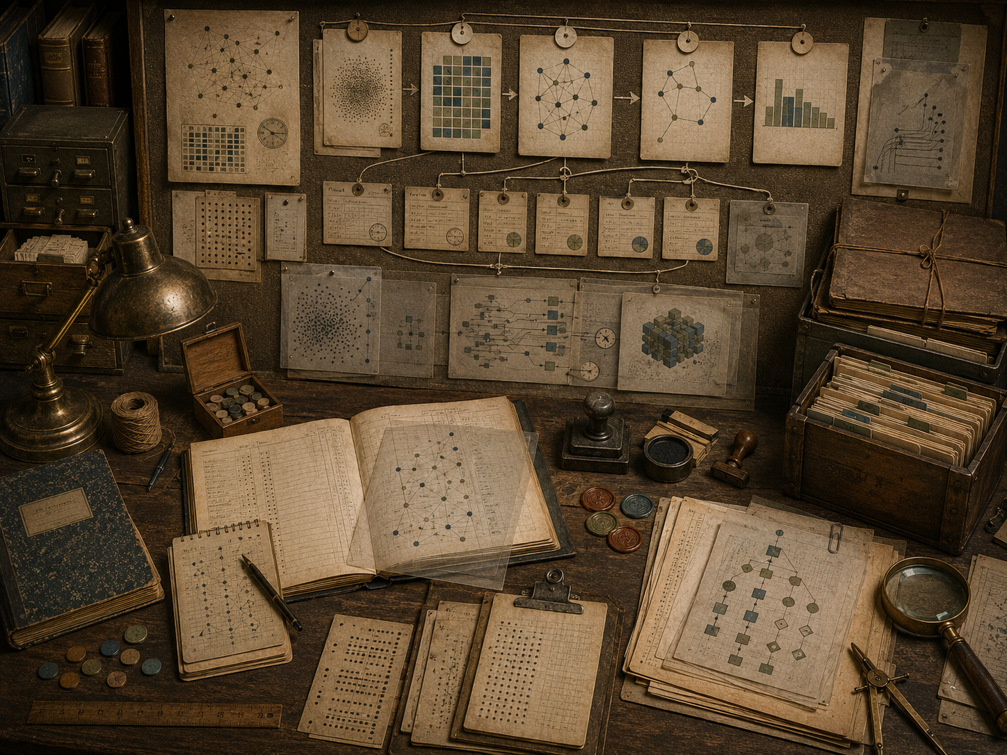 A restrained scholarly illustration of a vintage research desk and archival wall with linked cards, data diagrams, provenance chains, notebooks, stamps, punched cards, file boxes, and tracing materials representing metadata and computational traceability.