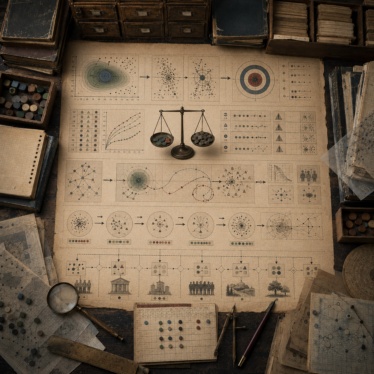 A restrained scholarly illustration of a vintage analytical desk with target diagrams, metric panels, optimization paths, warning markers, balance scale, institutional outcome icons, notebooks, rulers, and archival tools representing metrics, objectives, and Goodhart’s Law.