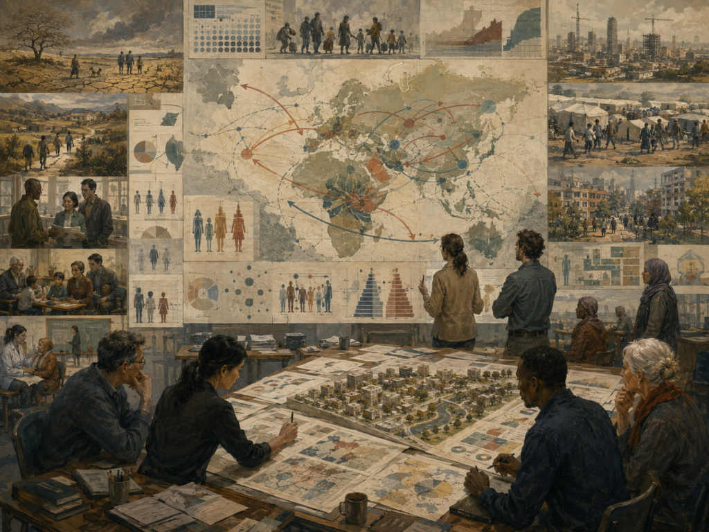 Researchers study migration, demographic change, settlement patterns, climate stress, public services, and future societies across a global systems map.