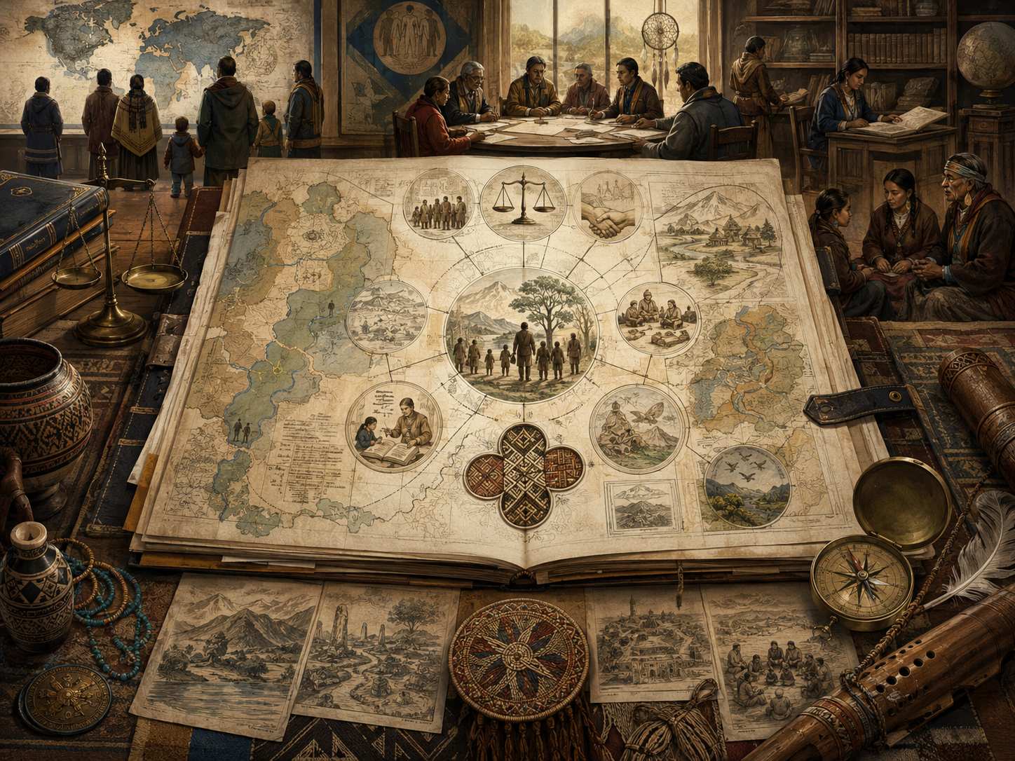 Scholarly illustration of a cultural-rights legal archive with maps, community councils, Indigenous cultural motifs, legal files, scales, heritage landscapes, and archival materials representing minority rights, Indigenous rights, and cultural protection.