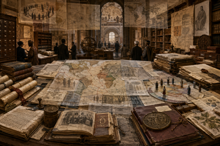 Editorial illustration of mixed legal systems and legal pluralism shown through layered legal maps, constitutional documents, civil-law codes, common-law records, customary-law materials, treaty papers, religious legal documents, archival files, and overlapping jurisdictional diagrams.