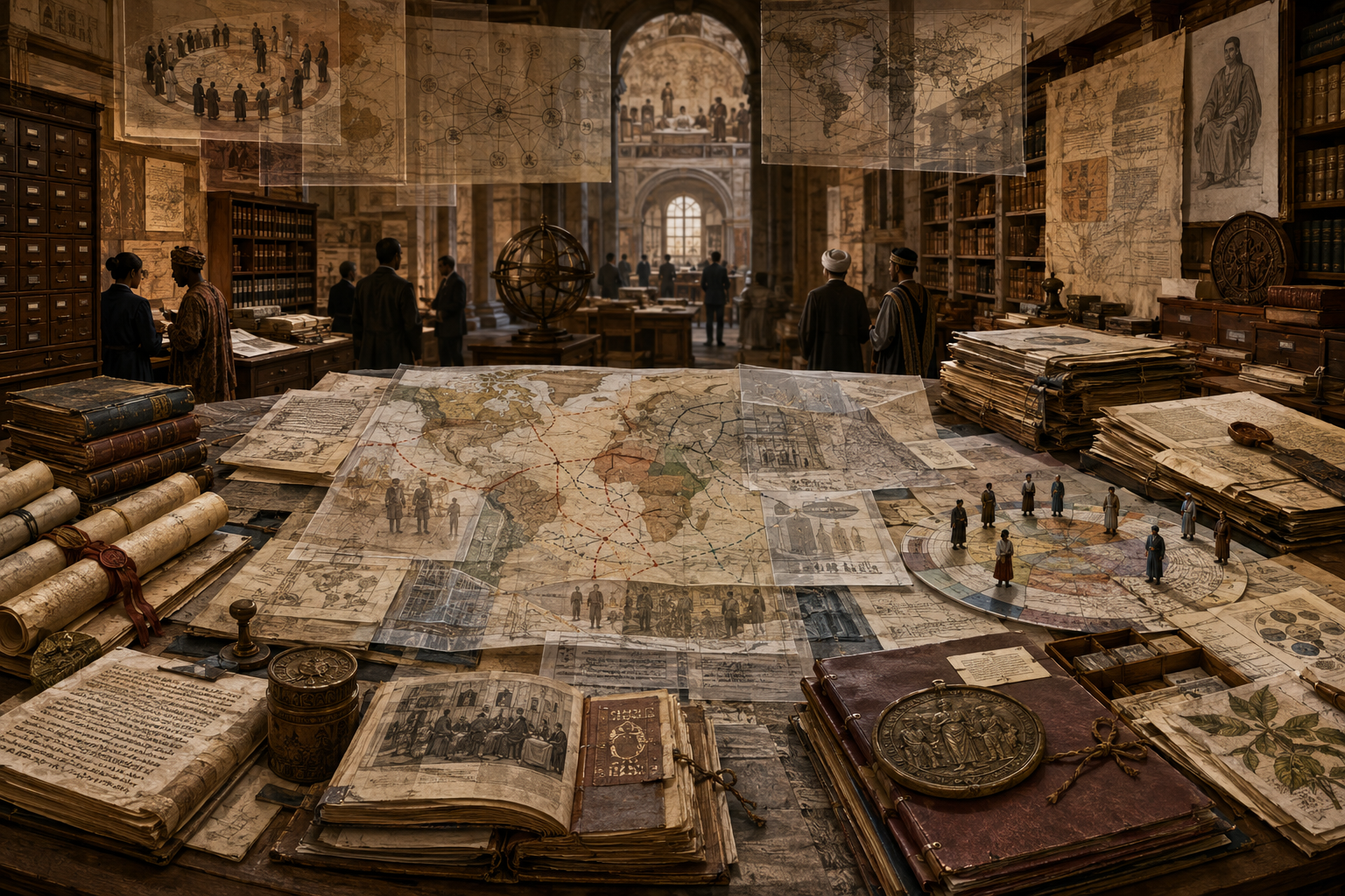 Editorial illustration of mixed legal systems and legal pluralism shown through layered legal maps, constitutional documents, civil-law codes, common-law records, customary-law materials, treaty papers, religious legal documents, archival files, and overlapping jurisdictional diagrams.