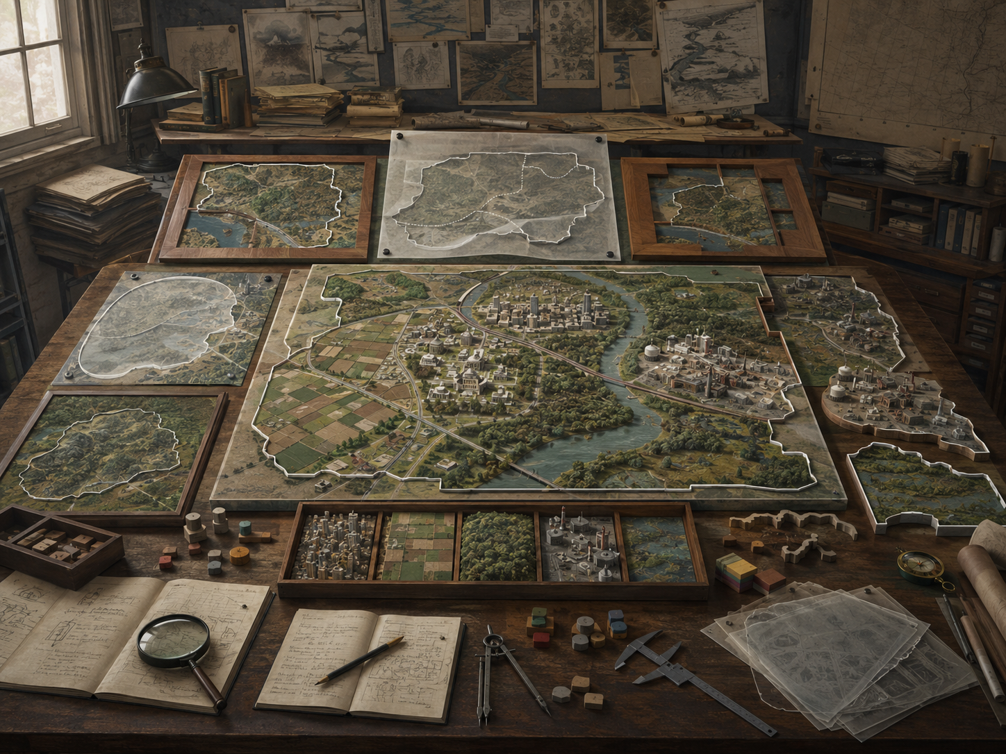 Archival research table with regional system models, removable boundary frames, translucent overlays, maps, notebooks, calipers, sample compartments, and movable markers showing what is included or excluded from analysis.