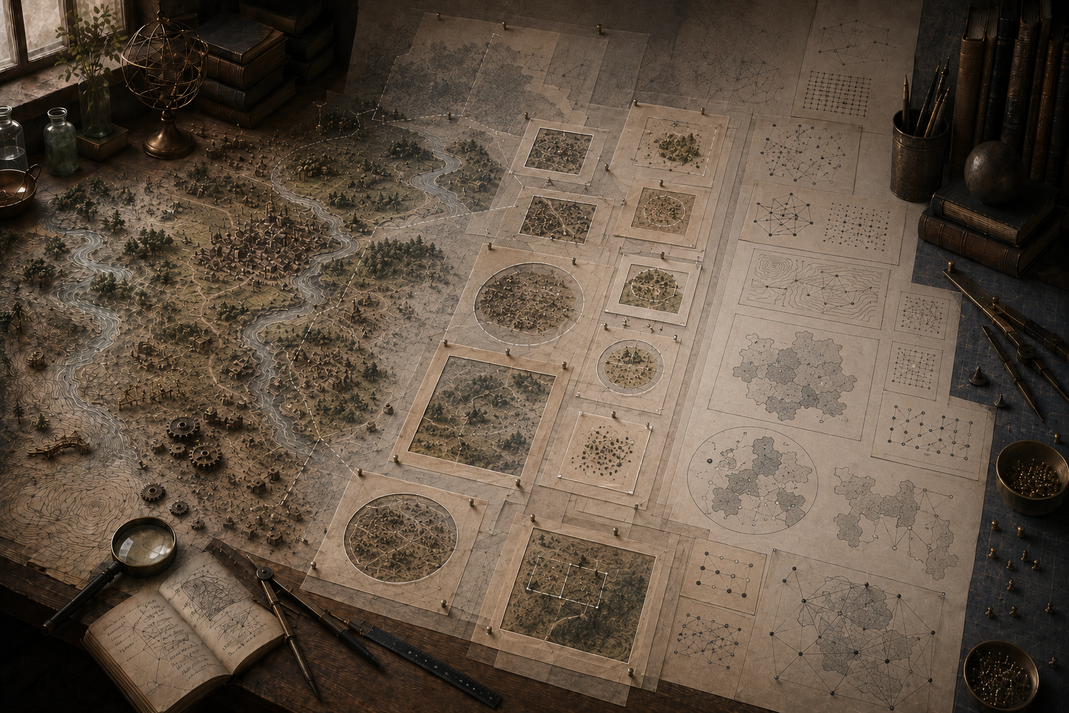 Editorial illustration of a scholarly modeling workspace where terrain, settlements, and systems are framed through transparent overlays, nested boundaries, scale windows, and formal diagrams.