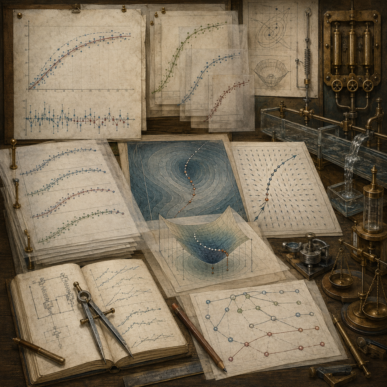 Archival systems modeling workspace with fitted curves, residual-like plots, contour surfaces, gradient paths, flow apparatuses, notebooks, balances, and drafting tools representing calculus-based model calibration.