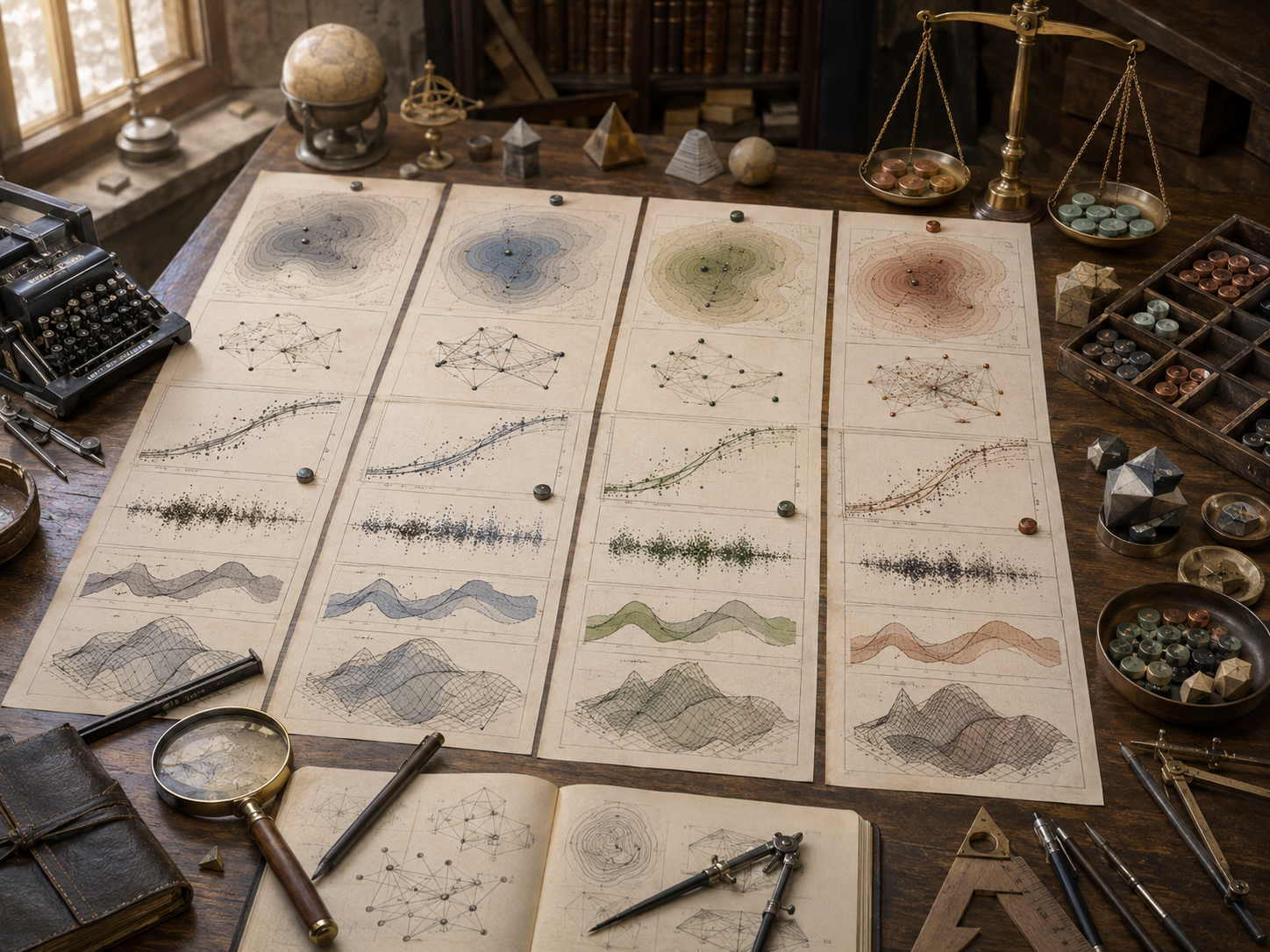 Editorial illustration of a scholarly modeling desk with multiple candidate model outputs, comparison sheets, residual patterns, uncertainty bands, contour maps, and balance scales.