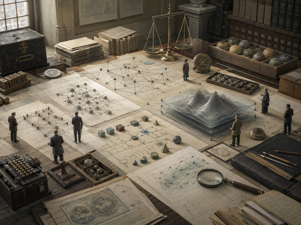 Editorial illustration of a scholarly governance workspace with model diagrams, review materials, balance scales, audit objects, archival folders, small human figures, and oversight tools.