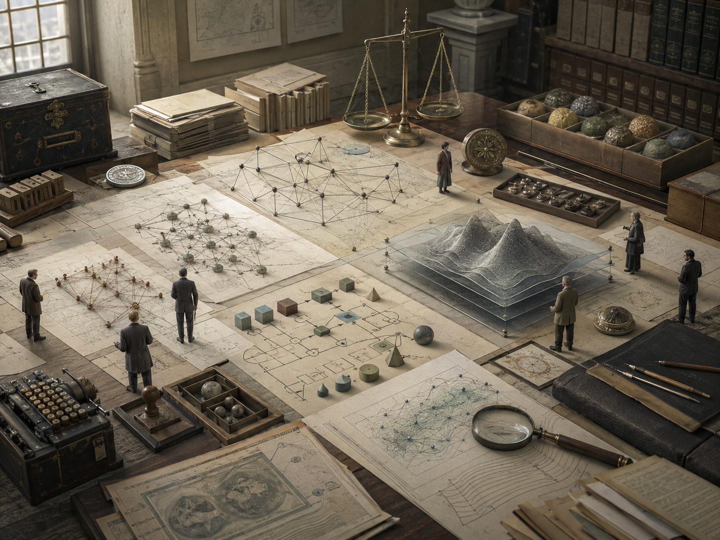 Editorial illustration of a scholarly governance workspace with model diagrams, review materials, balance scales, audit objects, archival folders, small human figures, and oversight tools.