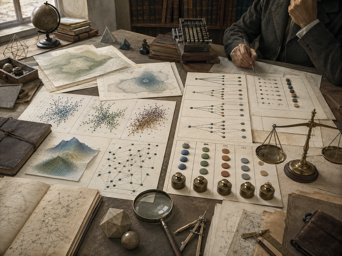 Editorial illustration of a scholarly decision-making workspace with model outputs, uncertainty maps, network diagrams, comparison tables, weighted options, and balance scales.