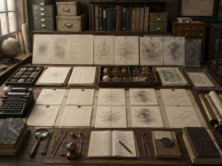 Editorial illustration of a scholarly archive workspace with organized model papers, datasets, diagrams, transparent overlays, notebooks, storage boxes, and research tools.