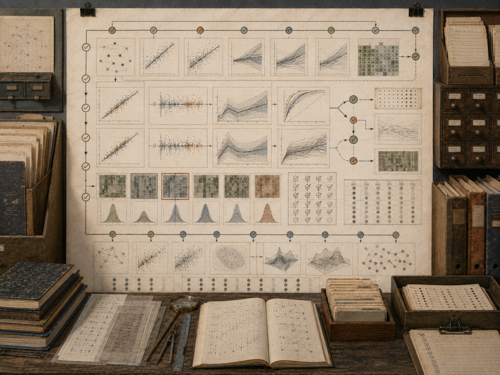 Scholarly editorial illustration of model validation, testing, and computational evidence, showing model outputs, benchmark cases, diagnostic charts, test records, validation reports, error traces, evidence chains, uncertainty notes, audit folders, and computational review materials.