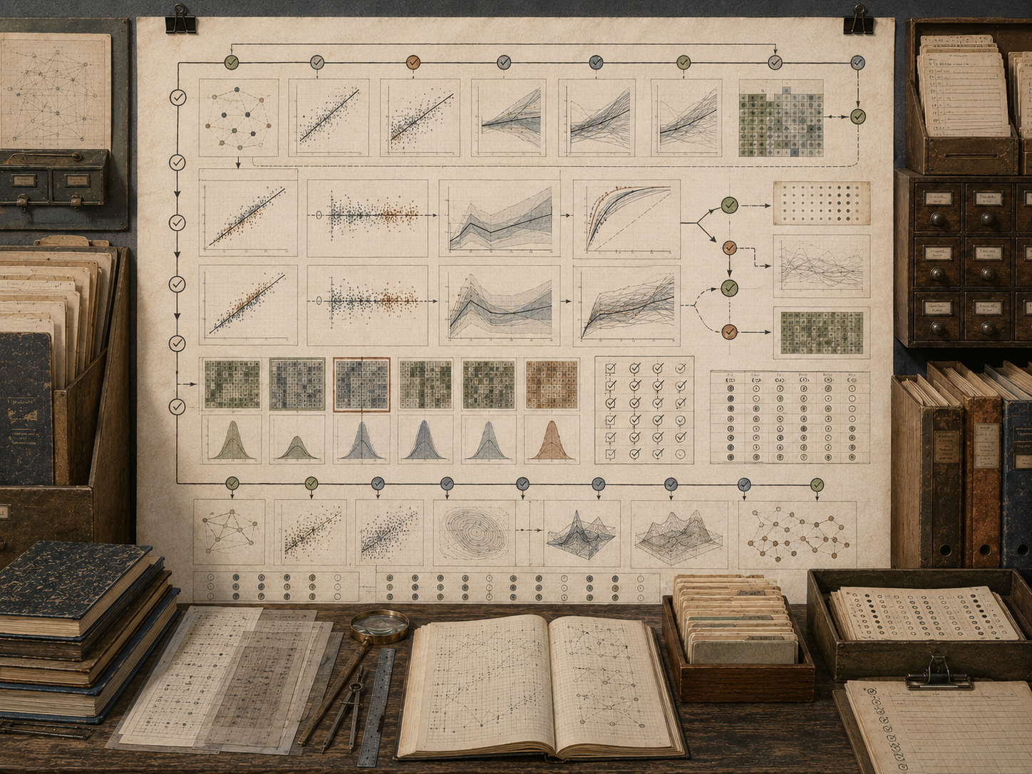Scholarly editorial illustration of model validation, testing, and computational evidence, showing model outputs, benchmark cases, diagnostic charts, test records, validation reports, error traces, evidence chains, uncertainty notes, audit folders, and computational review materials.