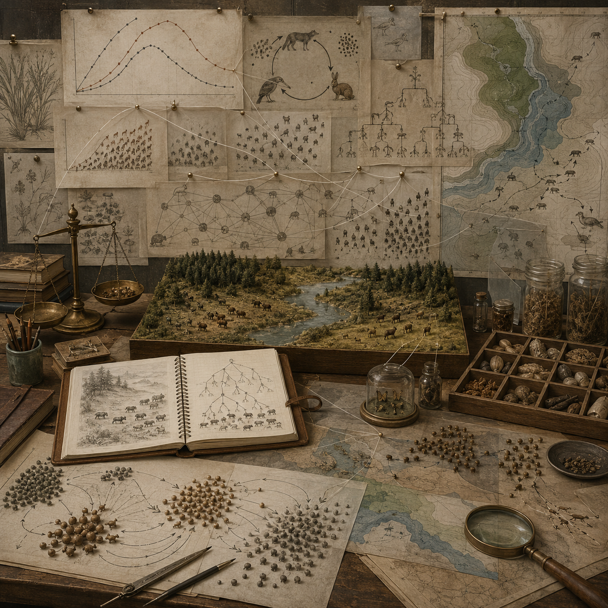 Archival ecological modeling workspace with wildlife maps, population clusters, growth curves, food-web diagrams, habitat models, specimen jars, notebooks, and drafting tools representing population dynamics without labels or text.