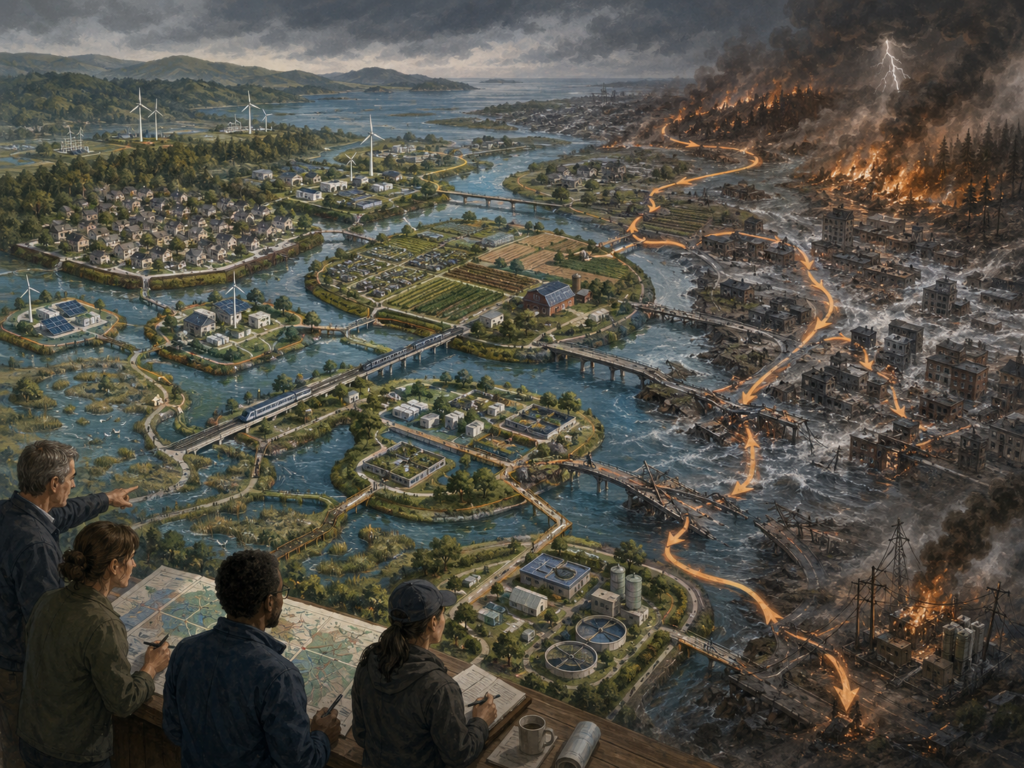 Panoramic systems illustration of a modular river-city landscape where protected districts, farms, wetlands, bridges, and energy systems contrast with cascading infrastructure failure, fire, flood damage, and network breakdown.