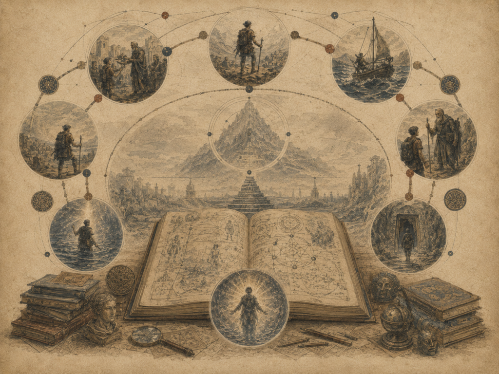 Editorial illustration of an open manuscript surrounded by connected mythic journey scenes, including departure, sea crossing, mentor encounter, descent, transformation, and return.
