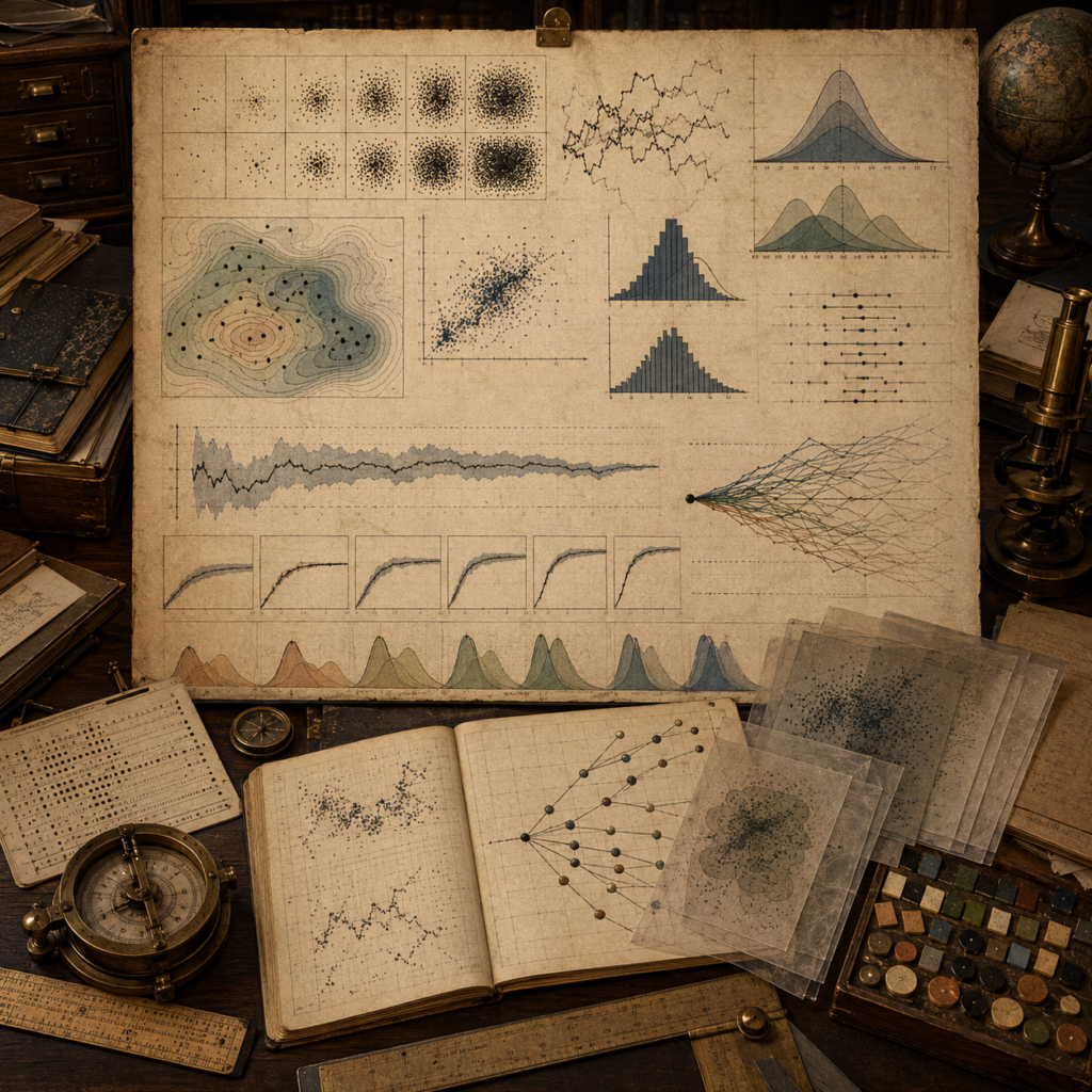 Scholarly editorial illustration of Monte Carlo methods and computational uncertainty, showing repeated simulation trials, probability distributions, random samples, uncertainty bands, convergence traces, confidence intervals, sensitivity records, and computational review materials.