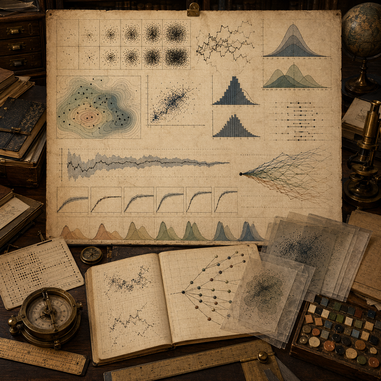 Scholarly editorial illustration of Monte Carlo methods and computational uncertainty, showing repeated simulation trials, probability distributions, random samples, uncertainty bands, convergence traces, confidence intervals, sensitivity records, and computational review materials.
