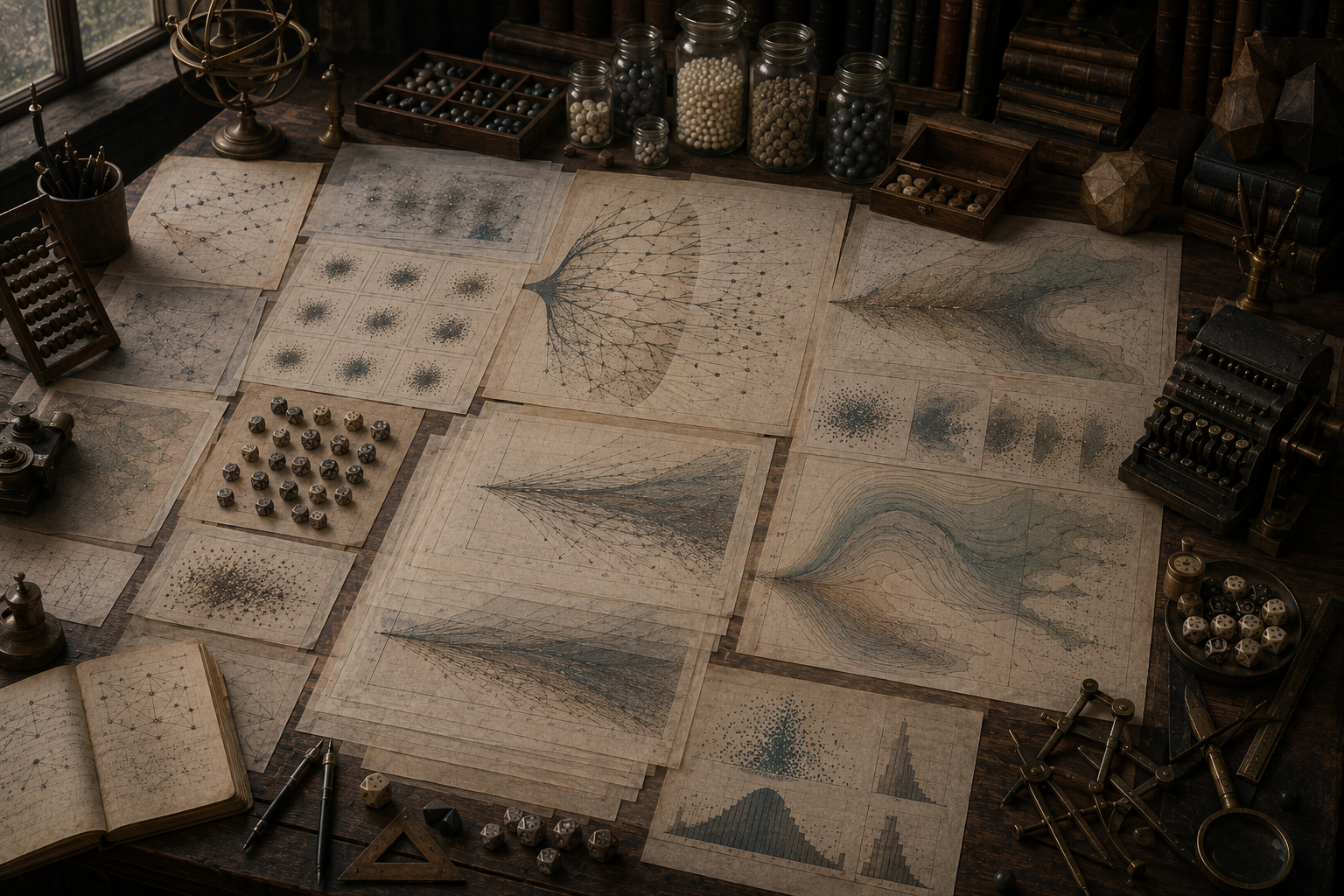 Editorial illustration of a scholarly modeling desk with sampled tokens, branching simulation paths, uncertainty bands, probability clouds, distribution charts, and analog calculating instruments.