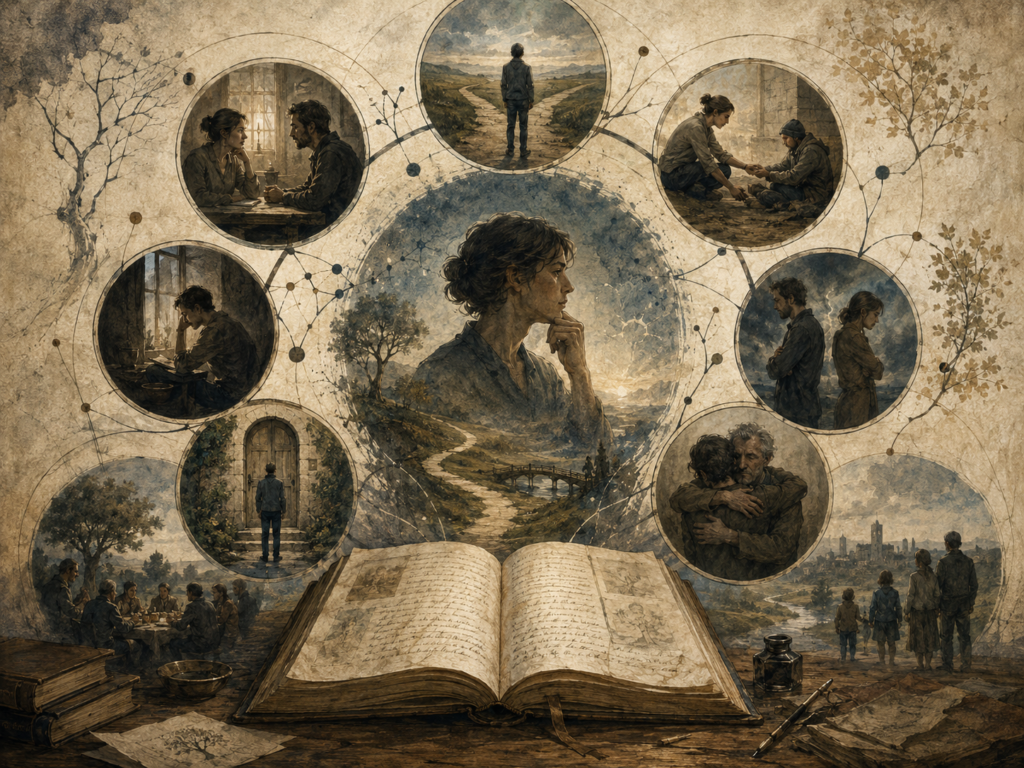 Editorial illustration of a contemplative figure surrounded by connected scenes of choice, care, conflict, responsibility, forgiveness, and life direction.
