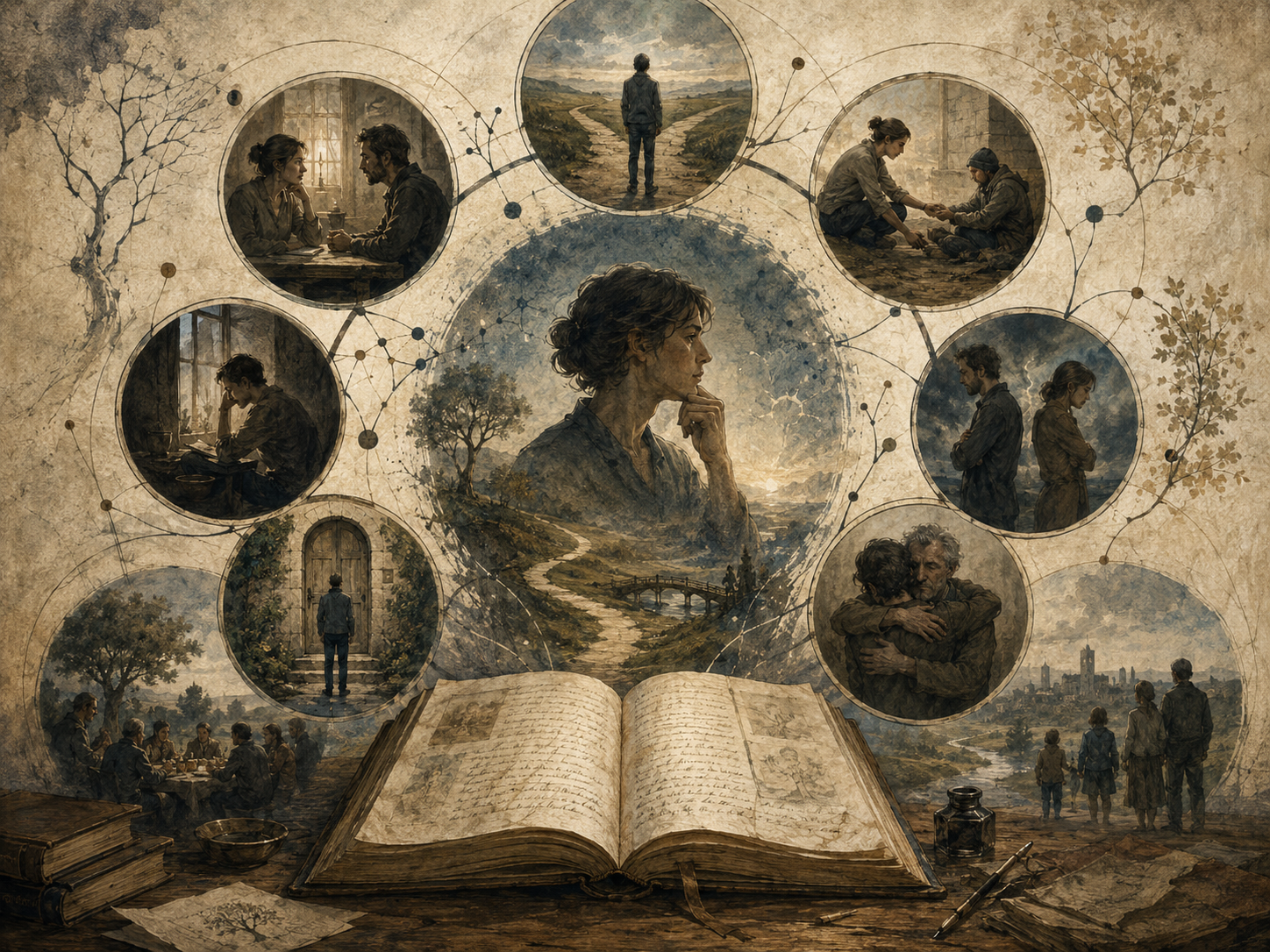 Editorial illustration of a contemplative figure surrounded by connected scenes of choice, care, conflict, responsibility, forgiveness, and life direction.