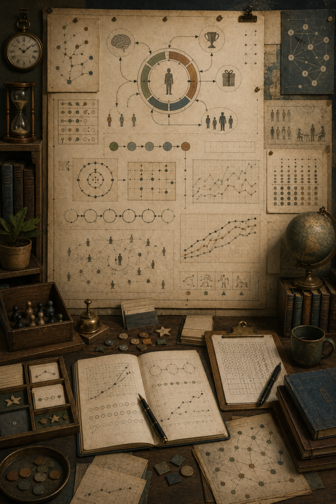 Editorial illustration of motivation, reinforcement, and learning as a scholarly research workspace, with reward pathways, feedback loops, learning curves, progress grids, social-learning networks, notebooks, tokens, and timing instruments.