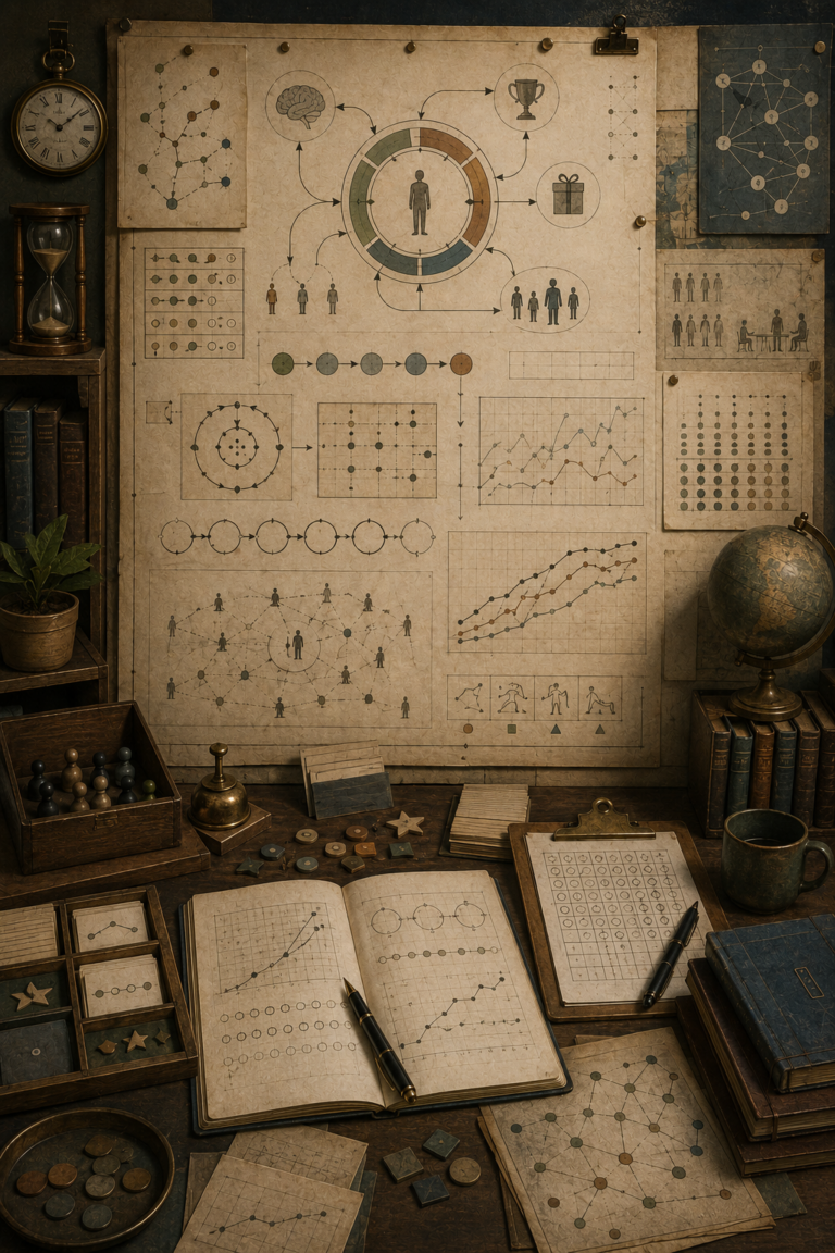 Editorial illustration of motivation, reinforcement, and learning as a scholarly research workspace, with reward pathways, feedback loops, learning curves, progress grids, social-learning networks, notebooks, tokens, and timing instruments.