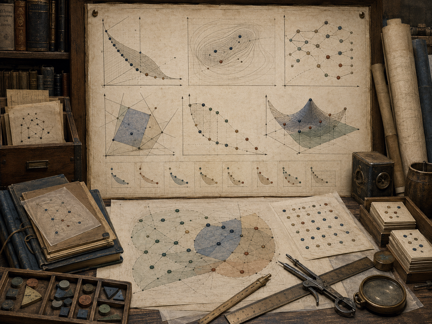 Scholarly editorial illustration of multi-objective optimization and trade-off reasoning, showing Pareto frontiers, competing objectives, trade-off curves, feasible regions, weighted criteria, decision matrices, scenario sheets, audit records, and governance review materials.