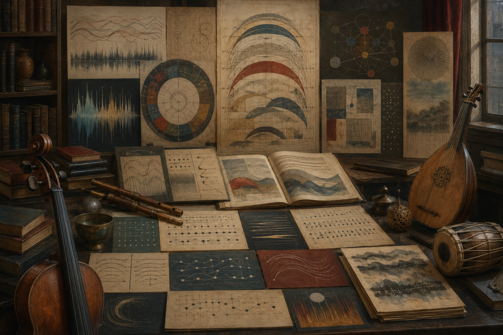 Scholarly archival music-study room with abstract musical structures, rhythm grids, harmonic diagrams, tuning circles, waveform studies, instrument fragments, performance-study sheets, and layered compositional forms representing music theory, form, and meaning.