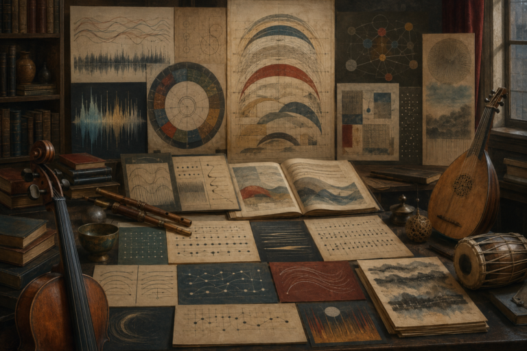 Scholarly archival music-study room with abstract musical structures, rhythm grids, harmonic diagrams, tuning circles, waveform studies, instrument fragments, performance-study sheets, and layered compositional forms representing music theory, form, and meaning.