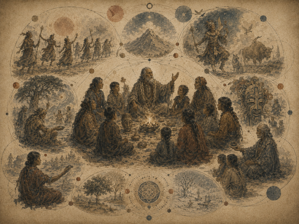 Editorial illustration of a ceremonial storytelling gathering surrounded by mythic symbols, ritual objects, dancers, animals, seasonal imagery, and symbolic pathways.