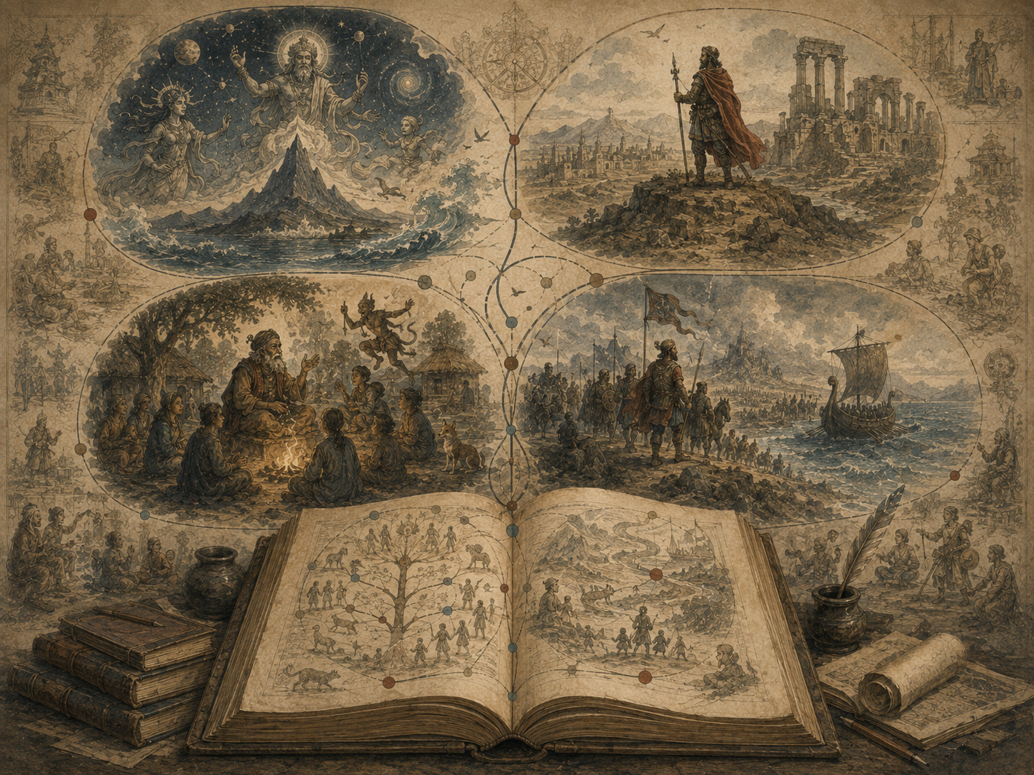 Editorial illustration of an open manuscript connecting four storytelling traditions: cosmic myth, heroic legend, village folktale, and epic journey.