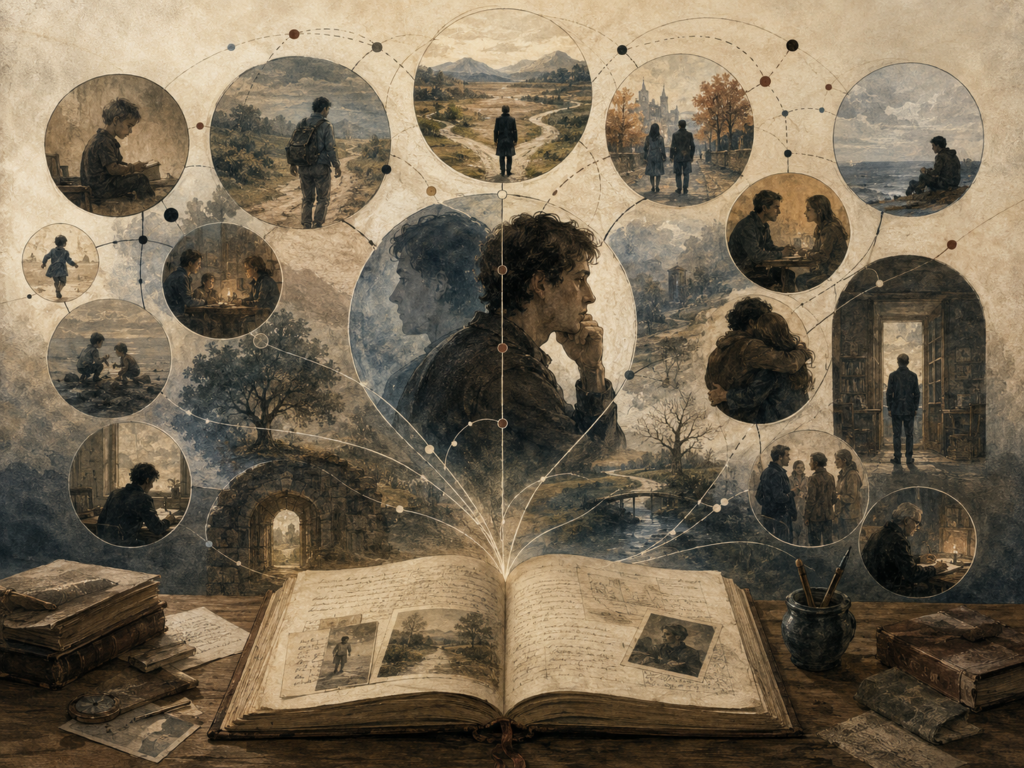 Editorial illustration of a central reflective figure surrounded by connected scenes of memory, relationships, life paths, solitude, and self-understanding emerging from an open manuscript.